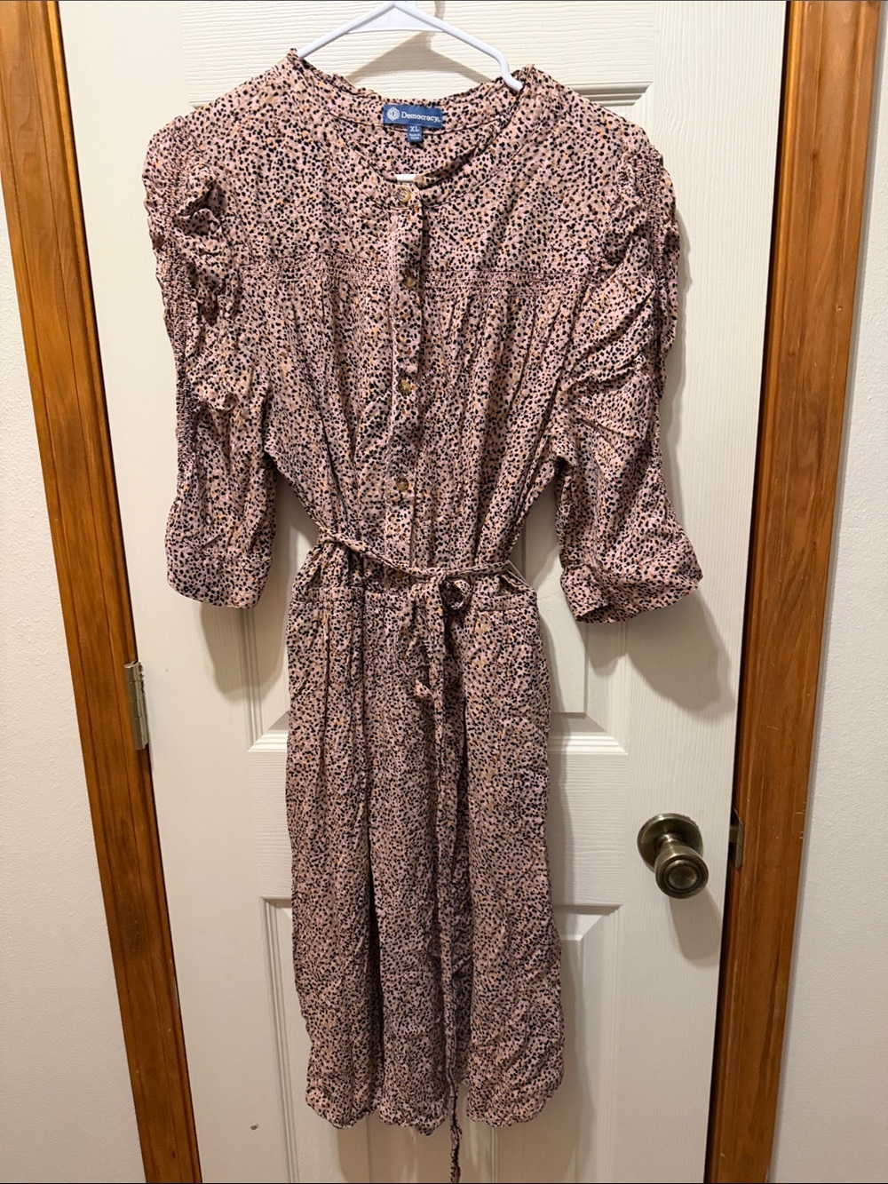 Democracy Brown/Black/Orange Speckled Button-Front Midi Dress with Tie Waist